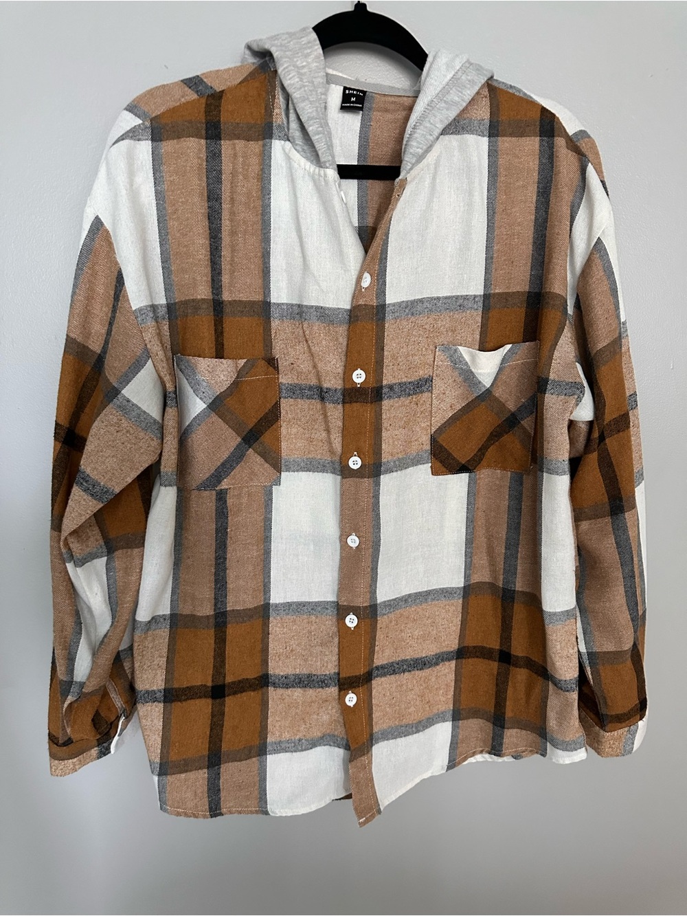 SHEIN Brown and White Plaid Casual Button-Down Shirt with Hood